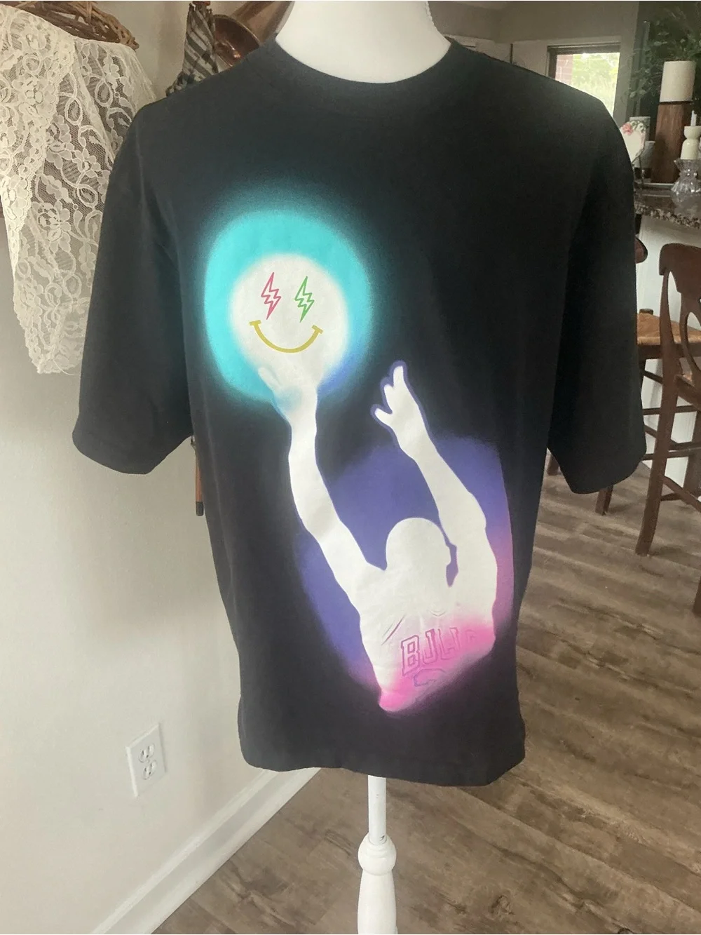 Jordan Black Tee with Neon Green and Pink Patch Graphic